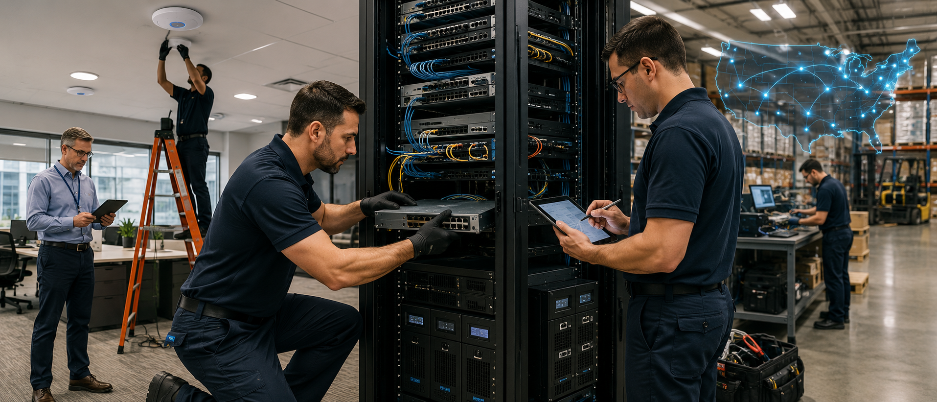 Enterprise network refresh project with field technicians upgrading switches, wireless infrastructure, firewalls, structured cabling, and network hardware in a commercial office and warehouse environment