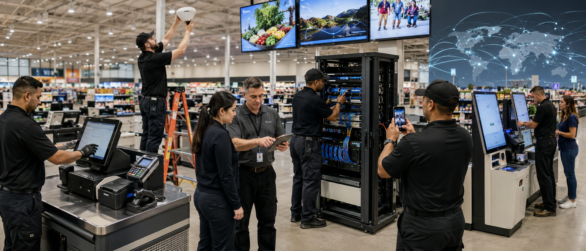 Retail technology rollout services nationwide field technicians deploying POS systems, self-checkout kiosks, digital signage, WiFi, and retail network hardware across multiple store locations — TechDispatch360