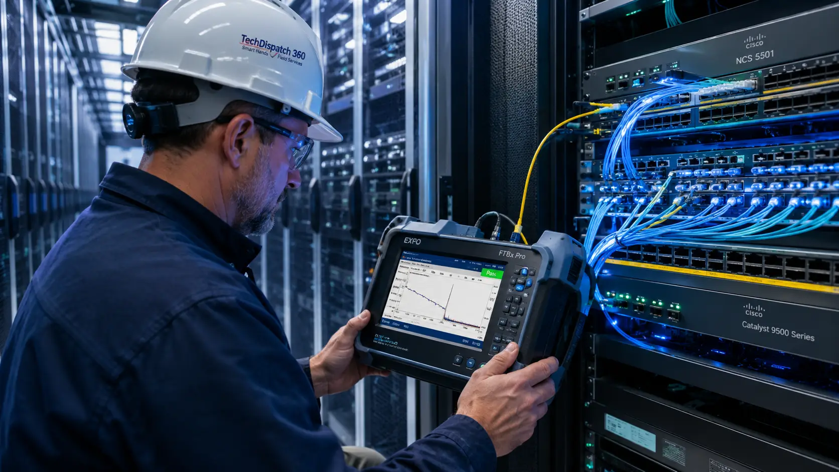 Enterprise fiber optic technician performing OTDR testing in a data center
