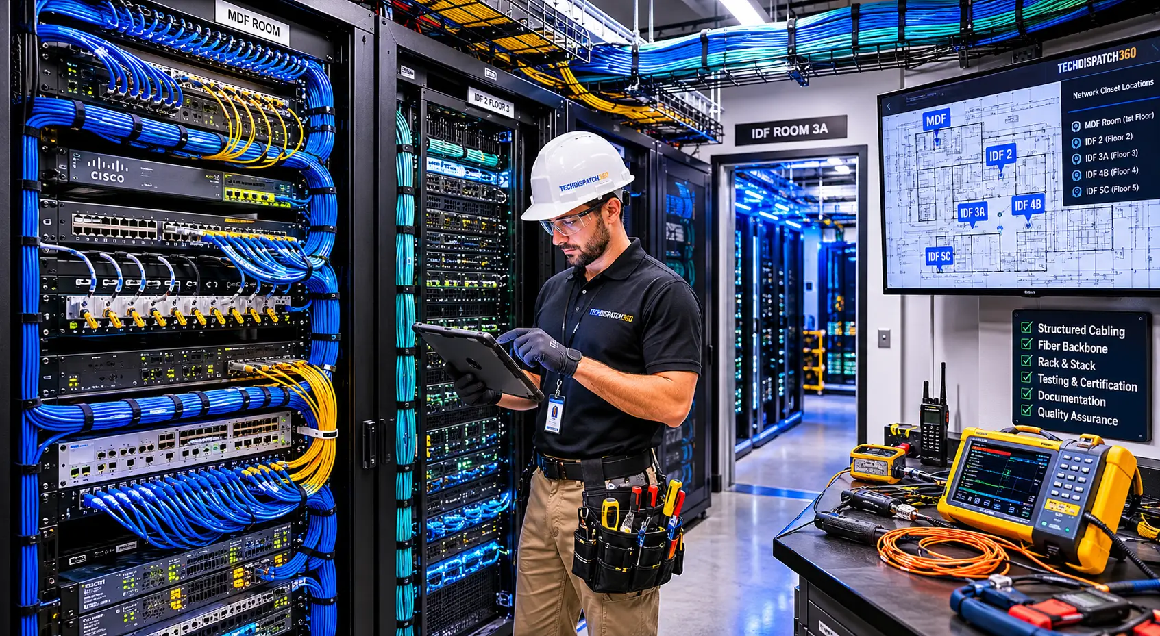 Enterprise MDF and IDF network closet buildout with fiber backbone cabling, structured cabling, Cisco switches, patch panels and telecom infrastructure.