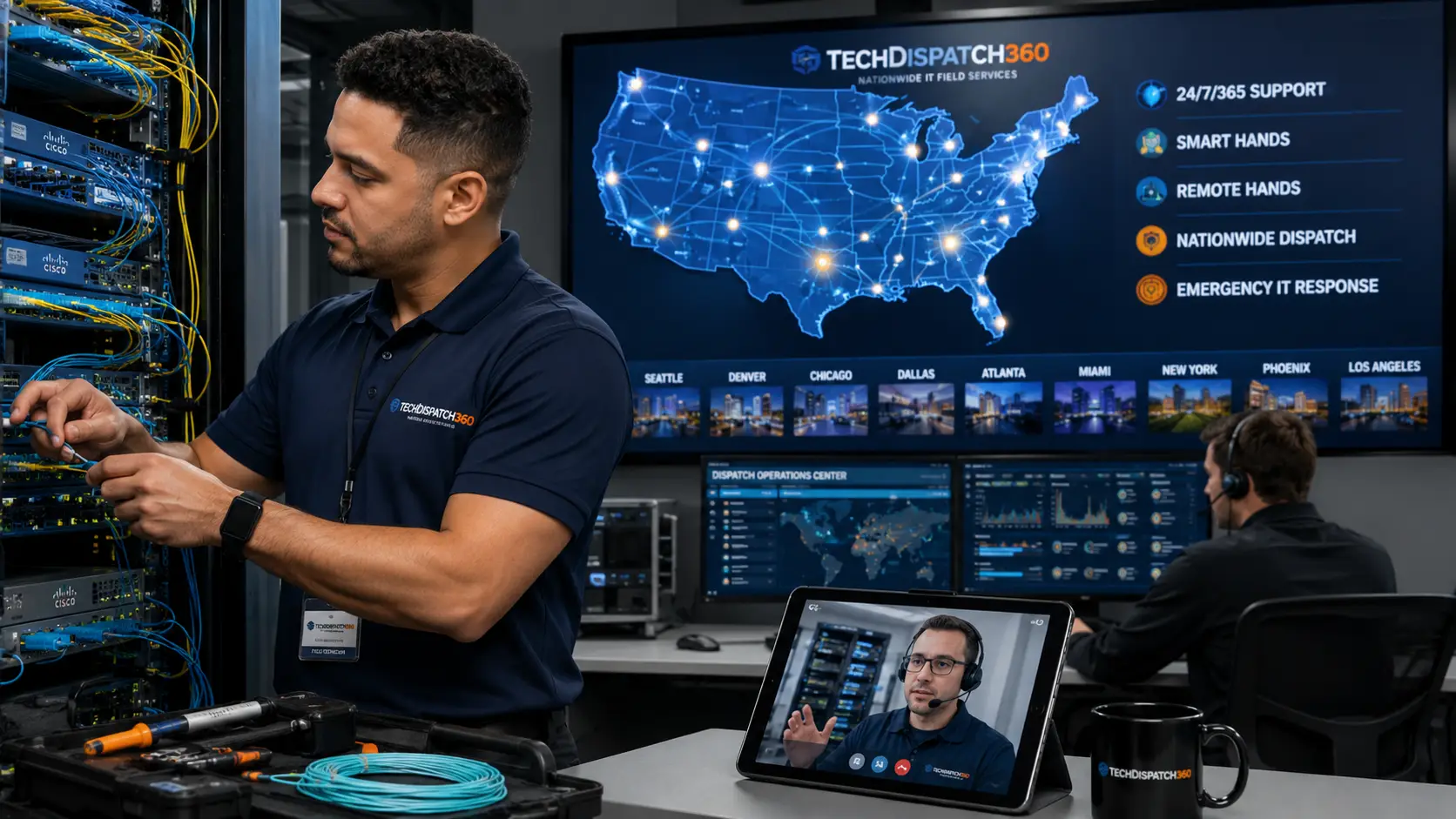 Field technician installing fiber optic cabling in an enterprise server rack while collaborating with a remote network engineer in a nationwide smart hands and remote hands operations center.